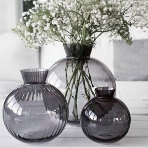 Smoky Grey Ribbed Glass Round Vase Set-AF GLASS