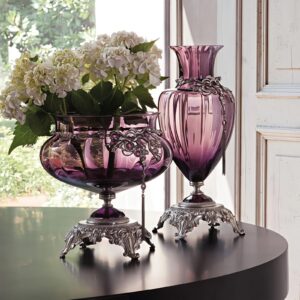 Vintage Purple Glass Vase & Bowl Set with Silver Metallic Pedestal-AF GLASS