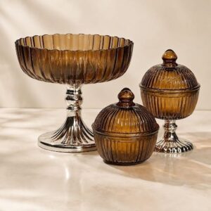 Opaque Milk White Ribbed Ceramic/Glass with High-Shine Metallic Silver Pedestal Bases & Lid Knobs-AF GLASS