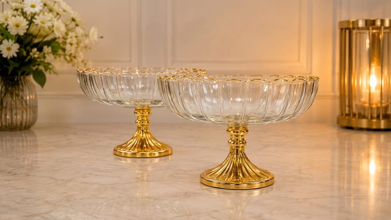 / Pattern: Fluted Ribbed Glass Bowl with Scalloped Edge & Carved Pedestal Base-AF GLASS - Image 2