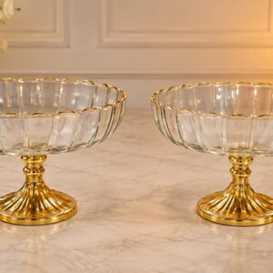 / Pattern: Fluted Ribbed Glass Bowl with Scalloped Edge & Carved Pedestal Base-AF GLASS