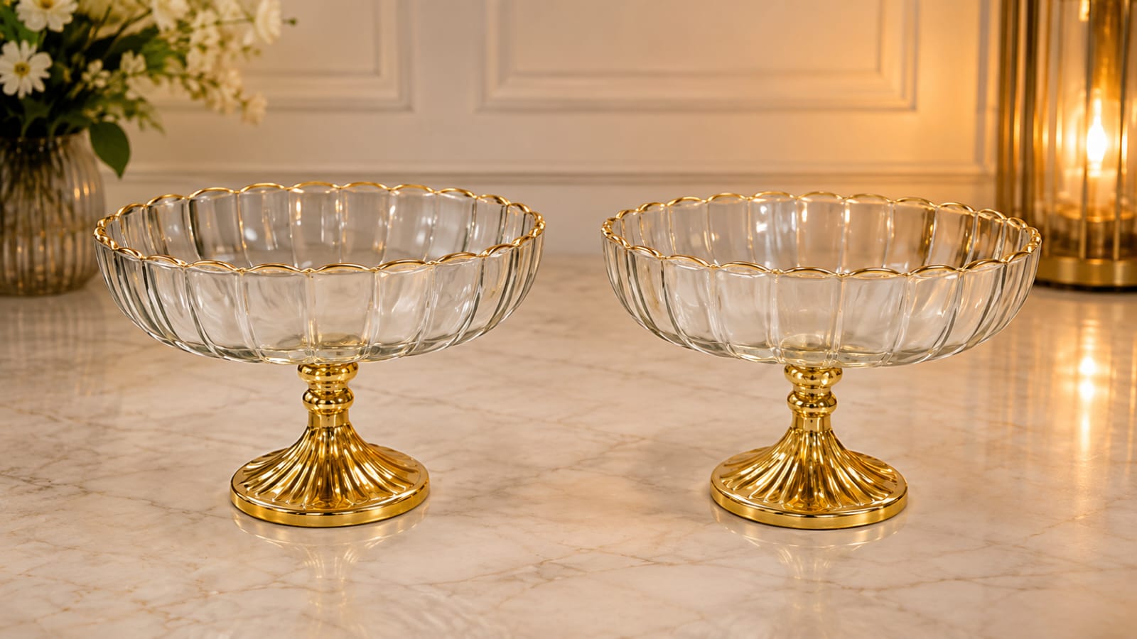 / Pattern: Fluted Ribbed Glass Bowl with Scalloped Edge & Carved Pedestal Base-AF GLASS