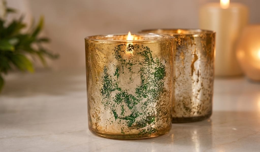 Antique gold and green glass candle holder-AF GLASS - Image 3