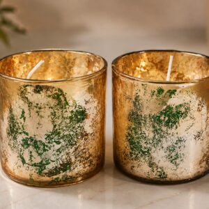 Antique gold and green glass candle holder-AF GLASS