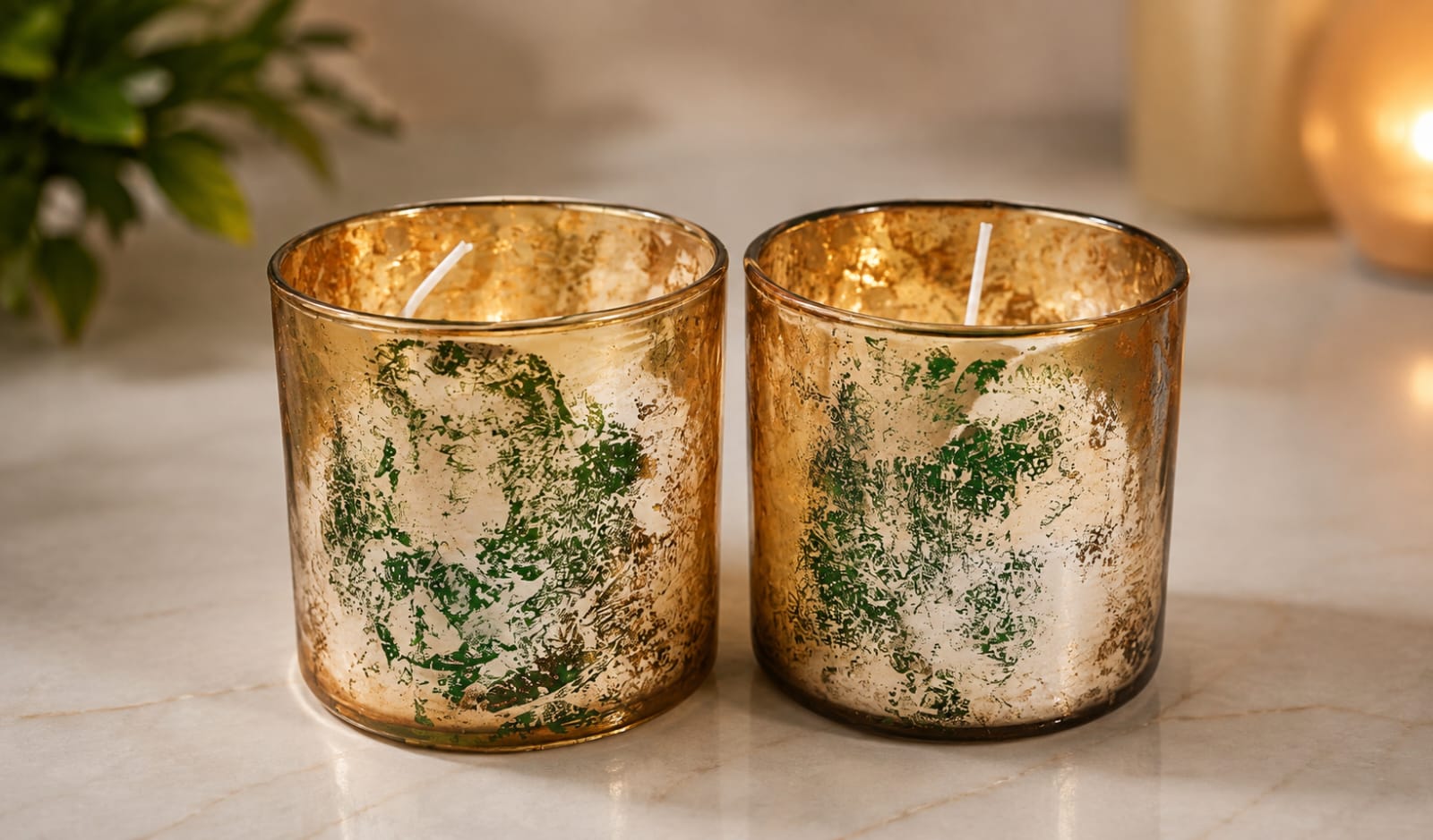 Antique gold and green glass candle holder-AF GLASS