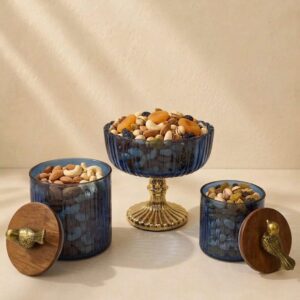 Blue Tinted Glass, Natural Wooden Lids, Brass Gold Pedestal Base & Bird Finials-AF GLASS