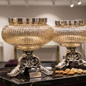 Vertical Ribbed/Fluted Texture on Bowl, Metallic Top Band, and Baroque-AF GLASS