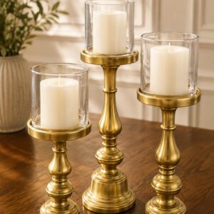 Brushed Antique Gold / Metallic Brass Finish with Clear Glass Cylinders-AF GLASS