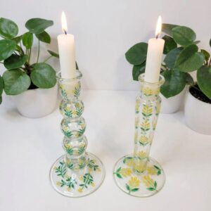 Painted Floral Glass Candlestick Holder-AF GLASS
