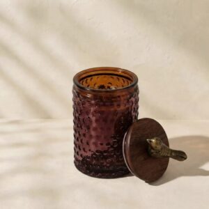 Hobnail / Pebble-Textured Body, paired with a Dark Wood Lid and Antique-AF GLASS
